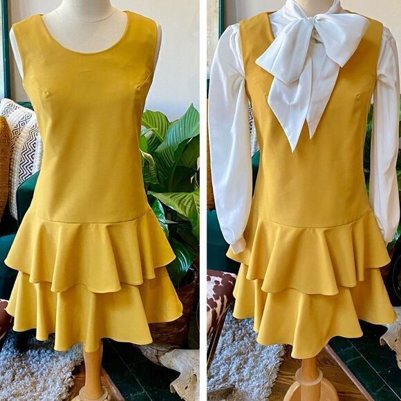 Killer Retro True Vintage 1970’s Marigold Tiered Ruffle Hem Drop Waist Dress - Picture 4 of 14